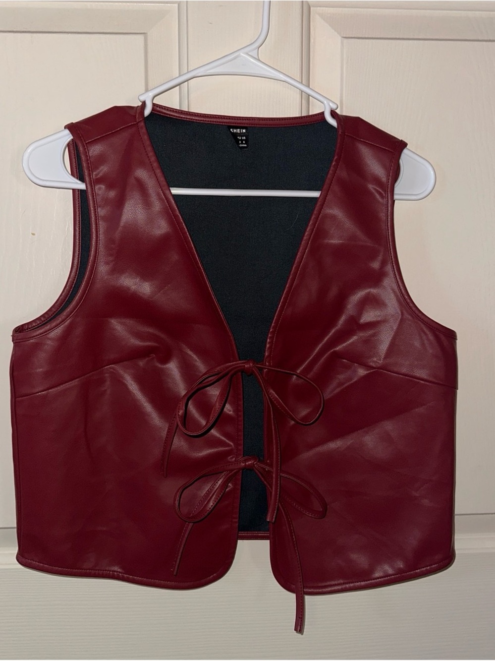 SHEIN Burgundy Faux Leather Tie-Front Vest